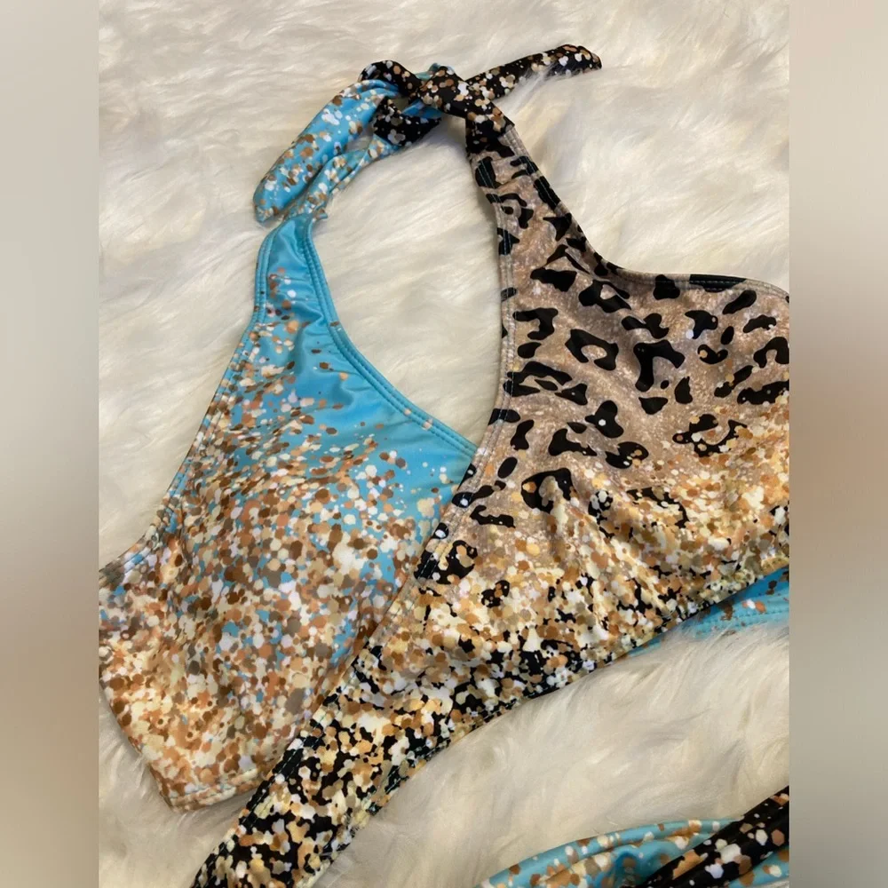 Leopard Gold Glitter Women’s 2 piece Bikini size‎ XL Halter Top High Waisted